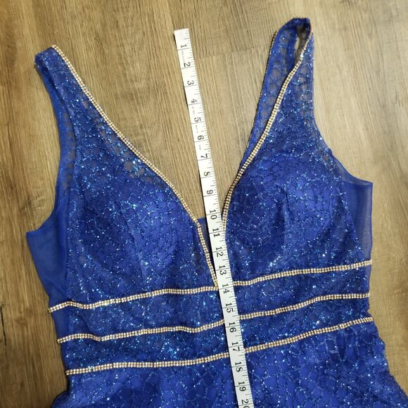 Sz XL Anny Lee Blue Glitter Plunge Illusion Gown with Gold and AB Crystal Trim - Picture 12 of 12